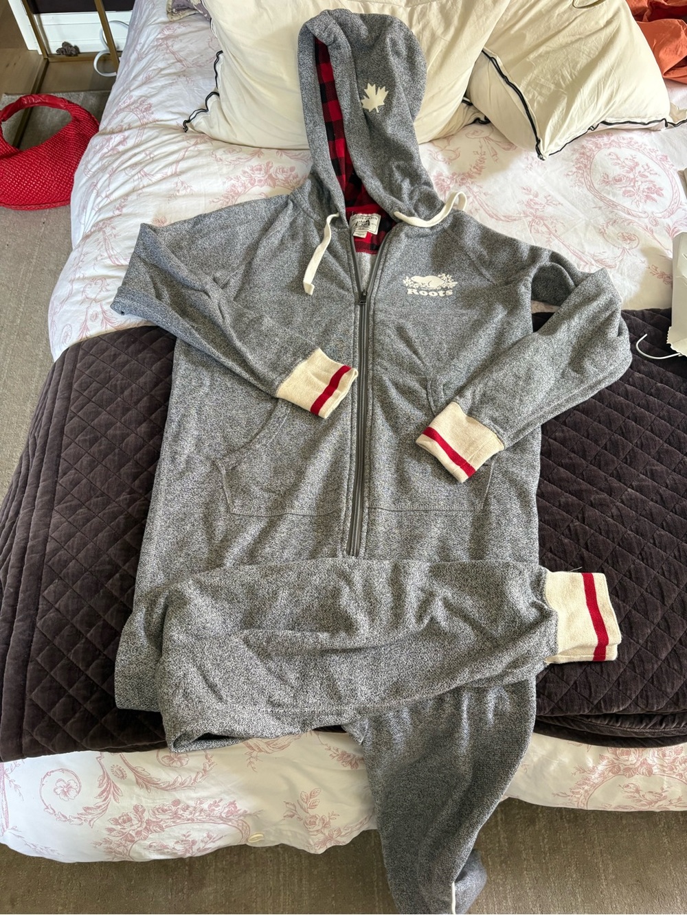 Roots adults Grey Hooded One-Piece Pajamas with Red-Trim Cuffs